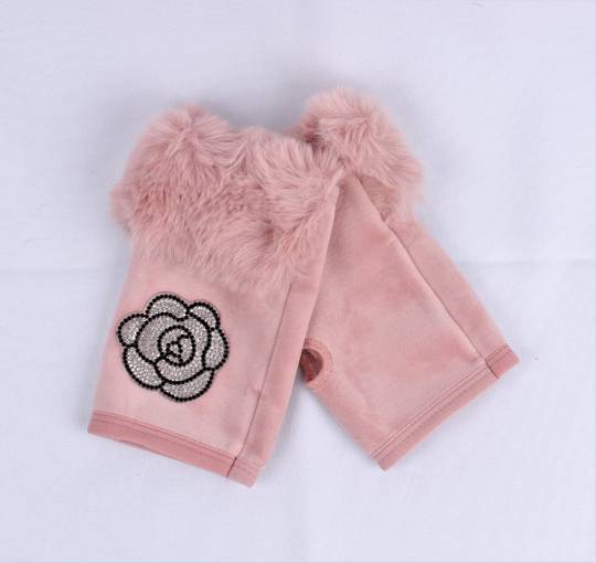 Winter ladies glove w diamante rose and faux fur cuff fingerless pink Style; S/LK4860